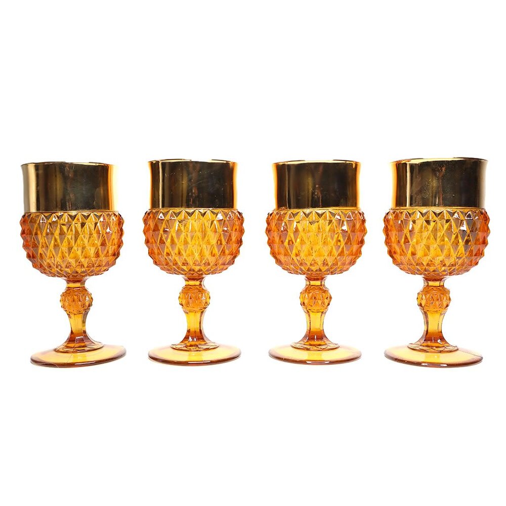 Vintage Indiana Glass Diamond Point Amber Wine Water Goblets 24K Gold Plated MCM